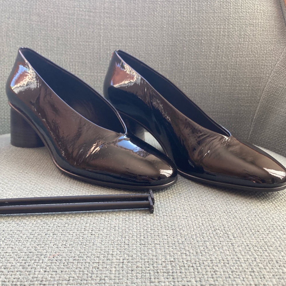 Halmanera Block Heels, Size 7 in Patent Black, Brand New
